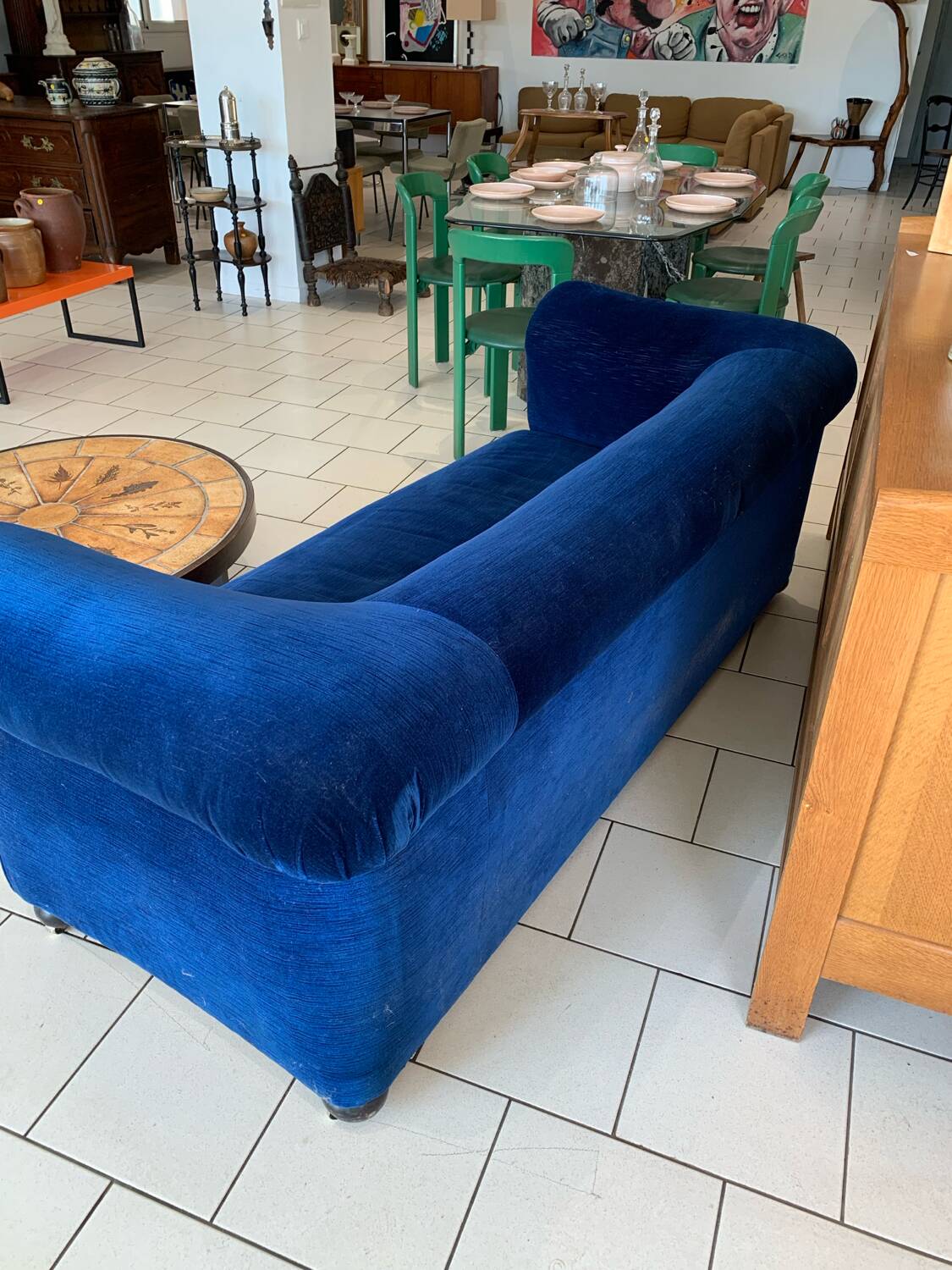 English Velvet Sofa, Blue, Circa 1950s Vintage