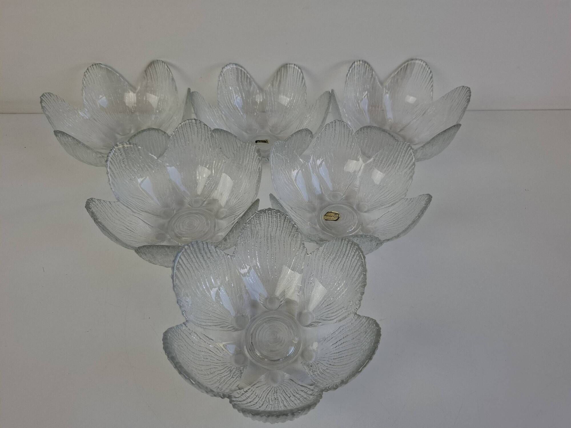 Set of 6 Bohemia Glass Flower Dessert Bowls, Czechoslovakia, circa 1960