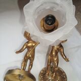 Pair of sconces Angels Cherubs Bronze Gilded Tulips Cut Glass
