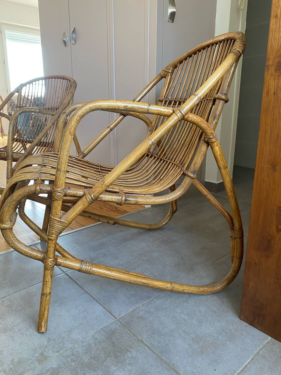 Rare pair of vintage rattan and wicker armchairs from the 1950s