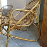 Rare pair of vintage rattan and wicker armchairs from the 1950s