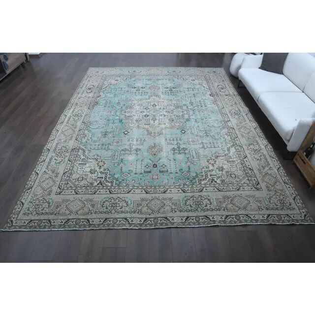 1970s Vintage Persian Handmade Wool Cotton Light Blue Area Rug 285x383