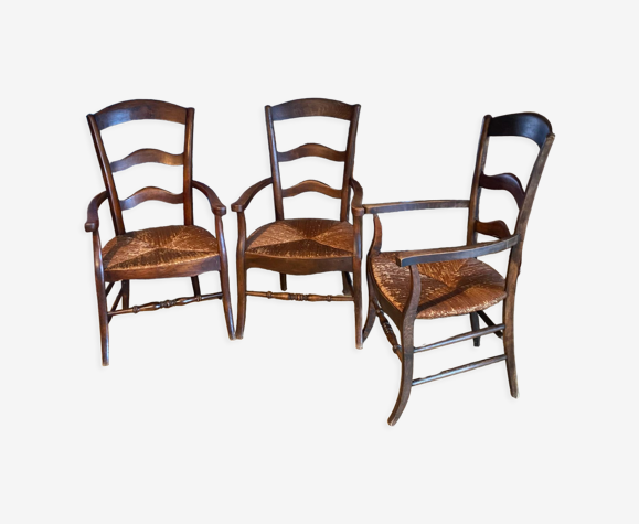 3 fauteuils bois assise paille