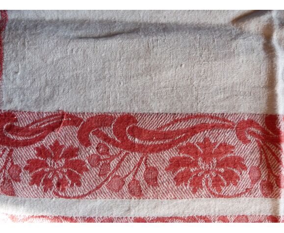Nappe ancienne  en lin damassé blanc et rouge monogramme brodé & 11 serviettes assorties