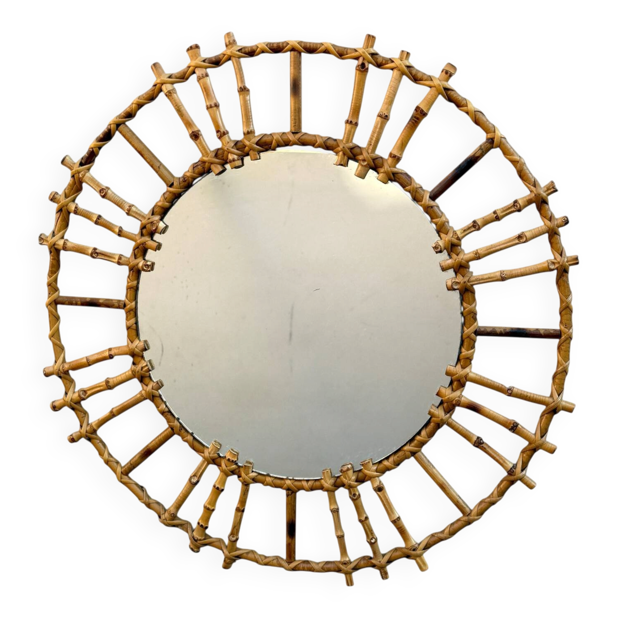 1950s French Rattan Round Mirror