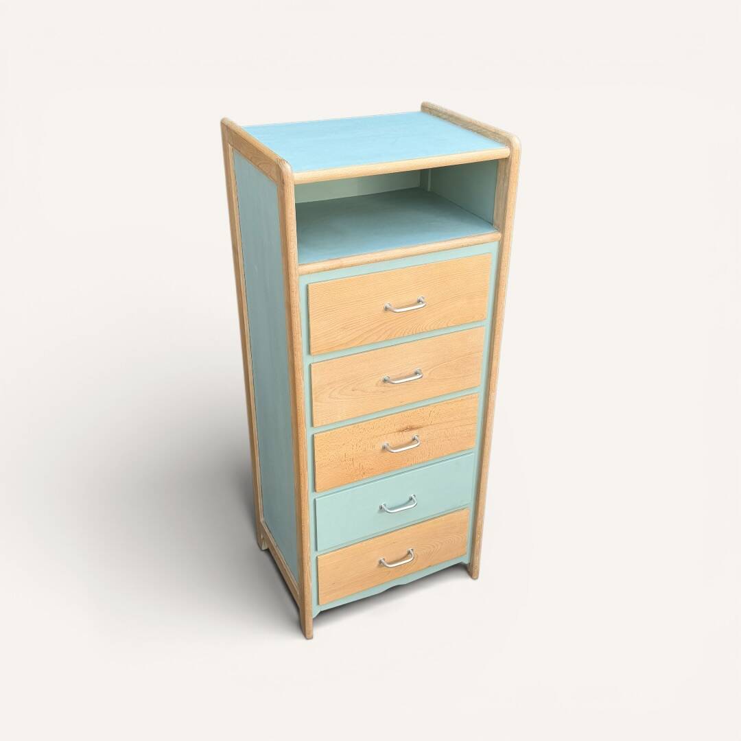 Vintage tall chest of drawers in raw wood and grey-blue from the 1950s.