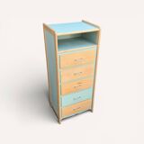 Vintage tall chest of drawers in raw wood and grey-blue from the 1950s.