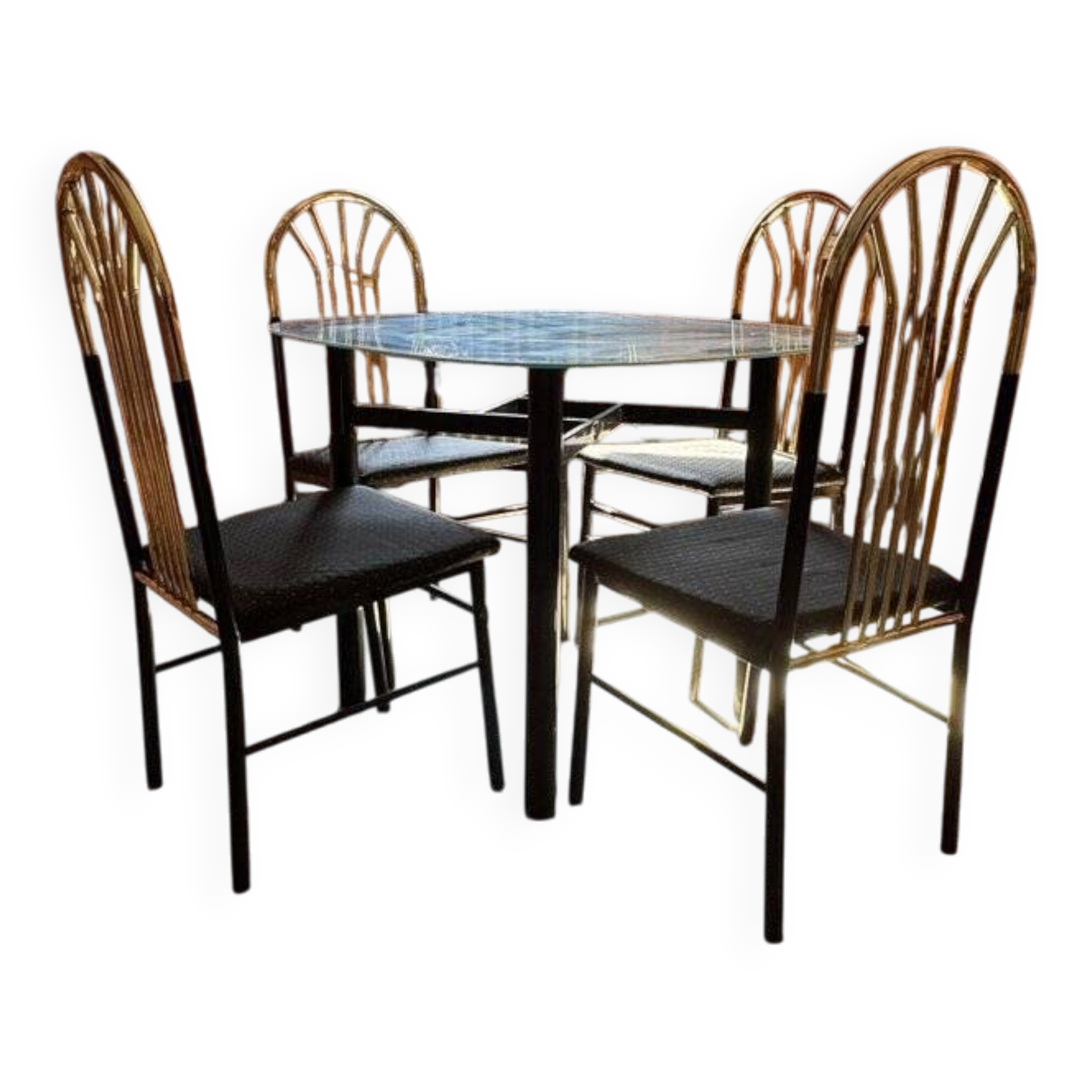 Vintage brass and black wood dining set, 1970s, set of 5