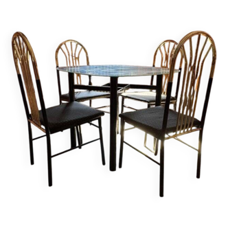 Table et 4 chaises en laiton et bois noir, années 1970