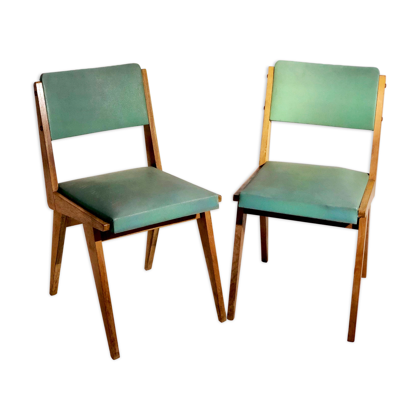 Pair of vintage chairs Maurice Pré - Oak and skaï