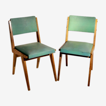 Pair of vintage chairs Maurice Pré - Oak and skaï