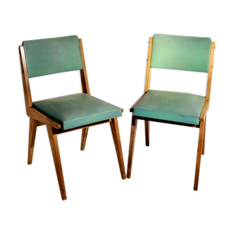 Pair of vintage chairs Maurice Pré - Oak and skaï