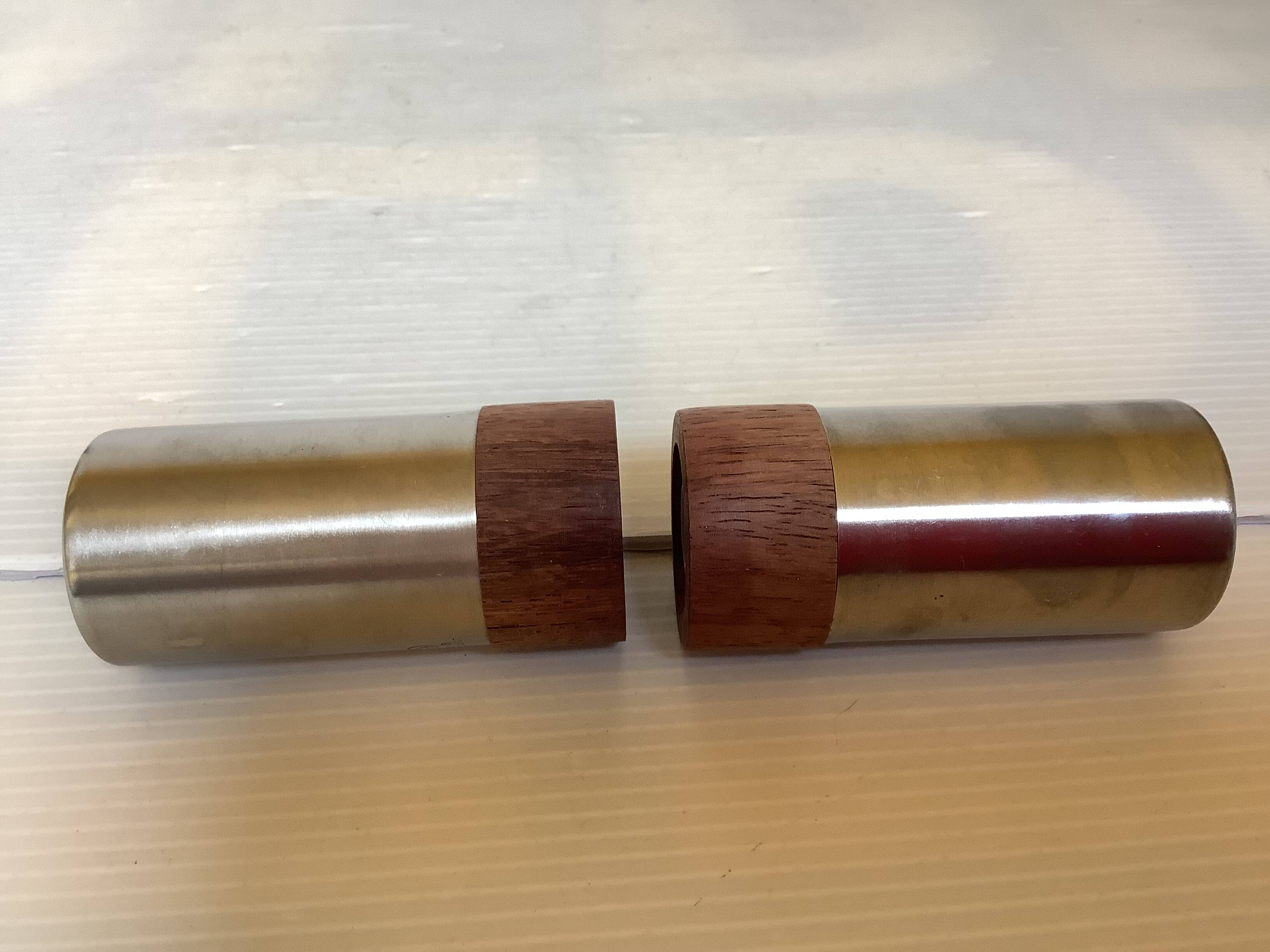 Salt and pepper set in teak and metal, Scandinavian style.