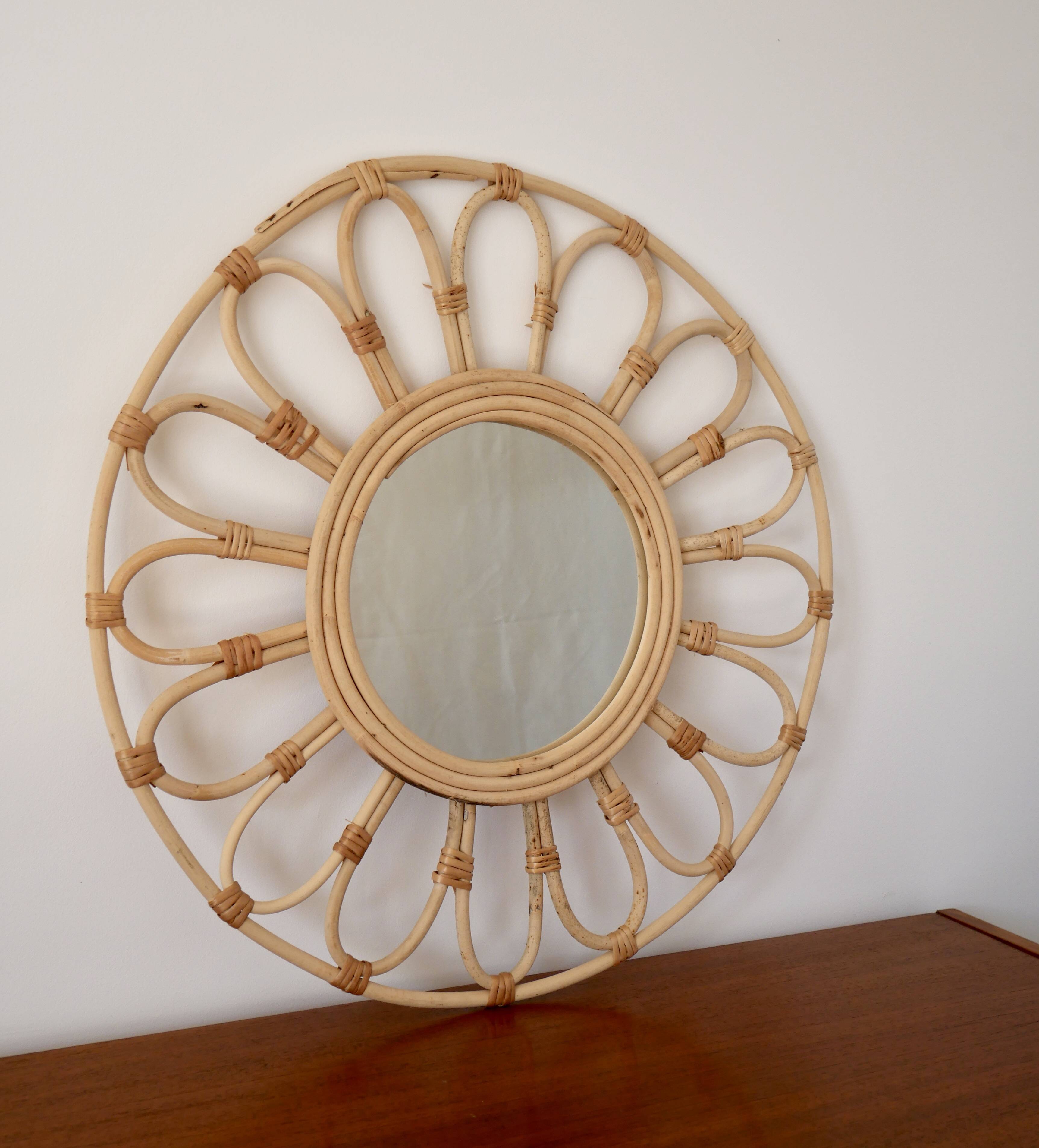 Vintage rattan and bamboo sun mirror