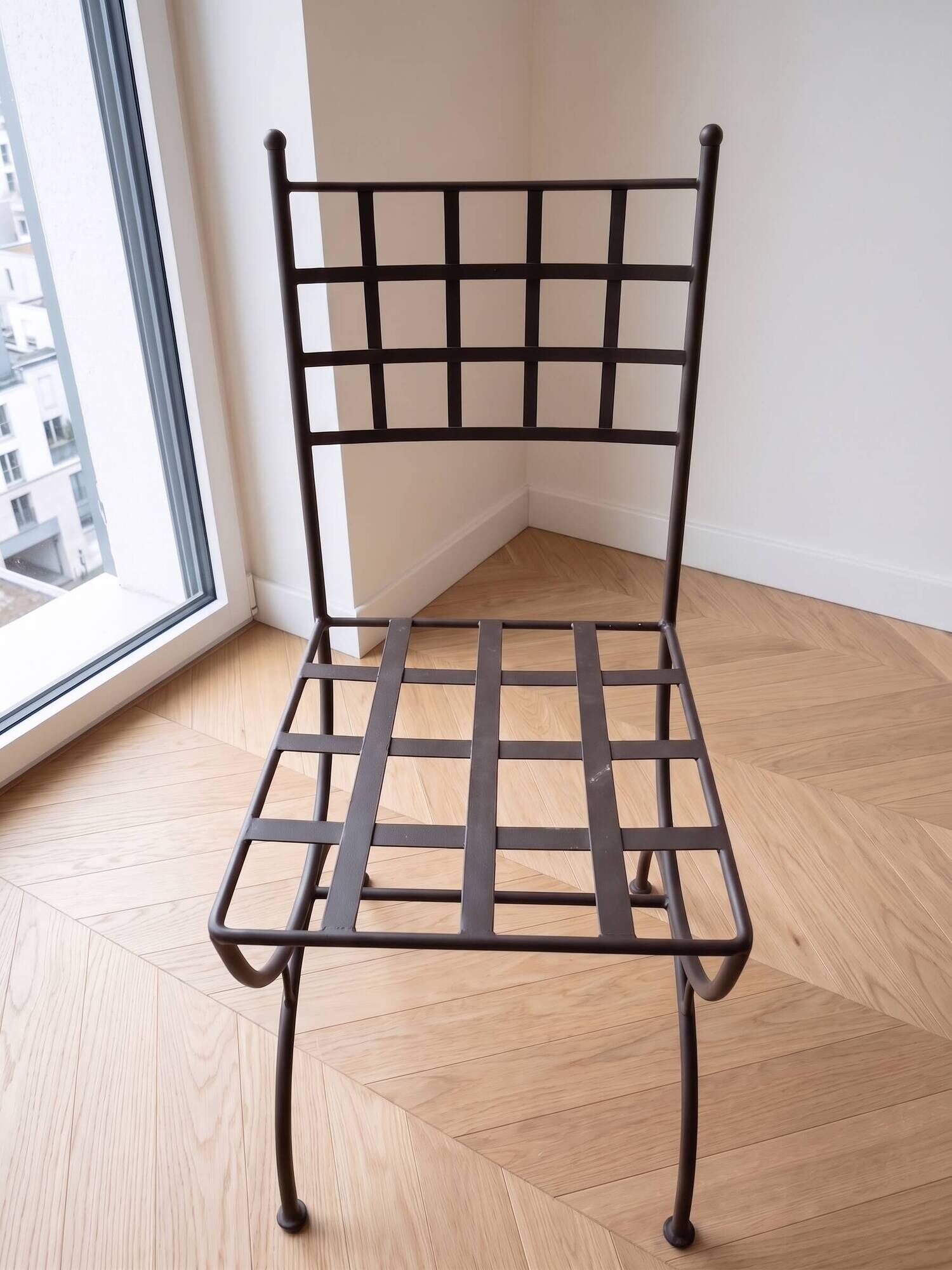 Set of 5 black metal industrial style garden chairs.