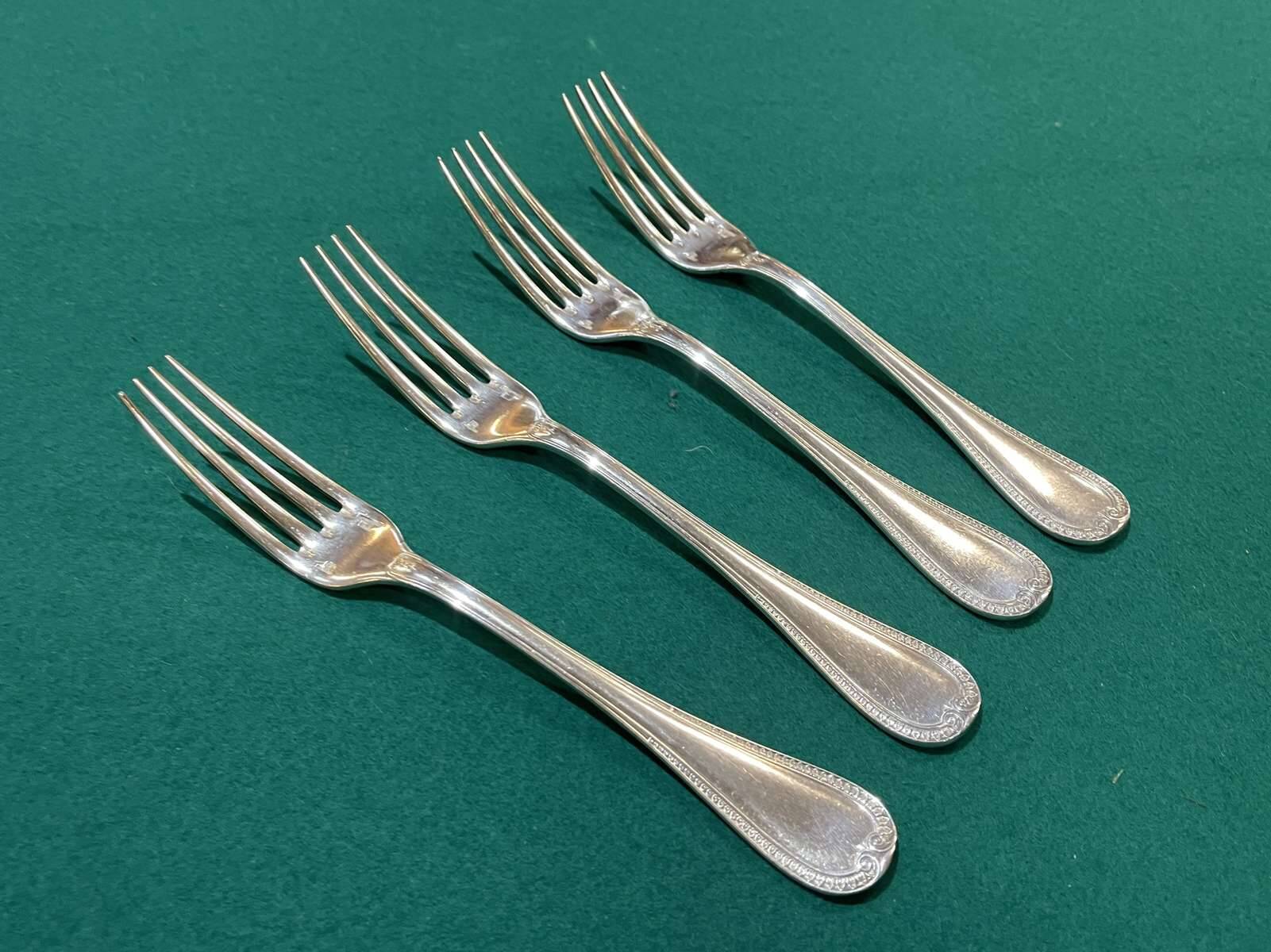Set of 4 large silver-plated metal forks by Christofle, Malmaison model.