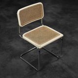 Set of 2 modern vintage Italian chairs in white wood and mid-century French wicker.