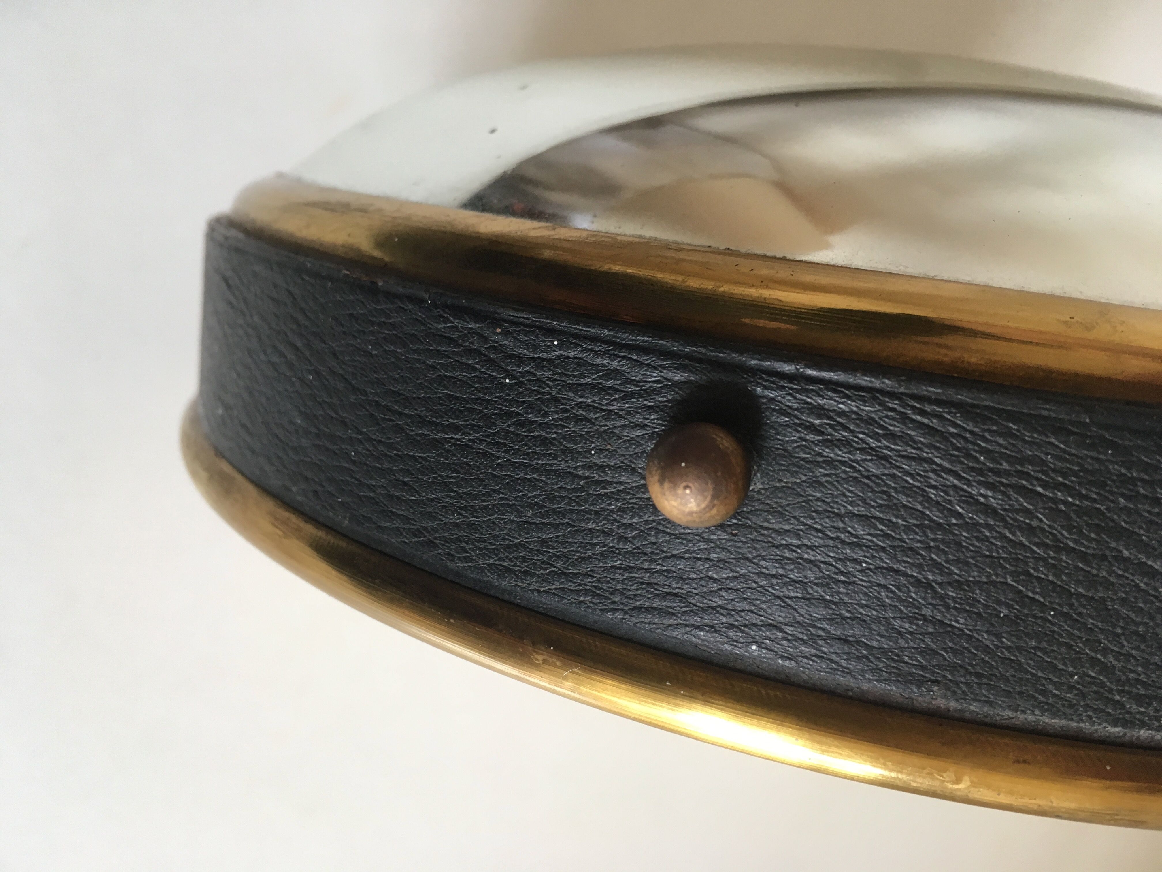 Leather and brass bulging witch mirror 1970 21cm