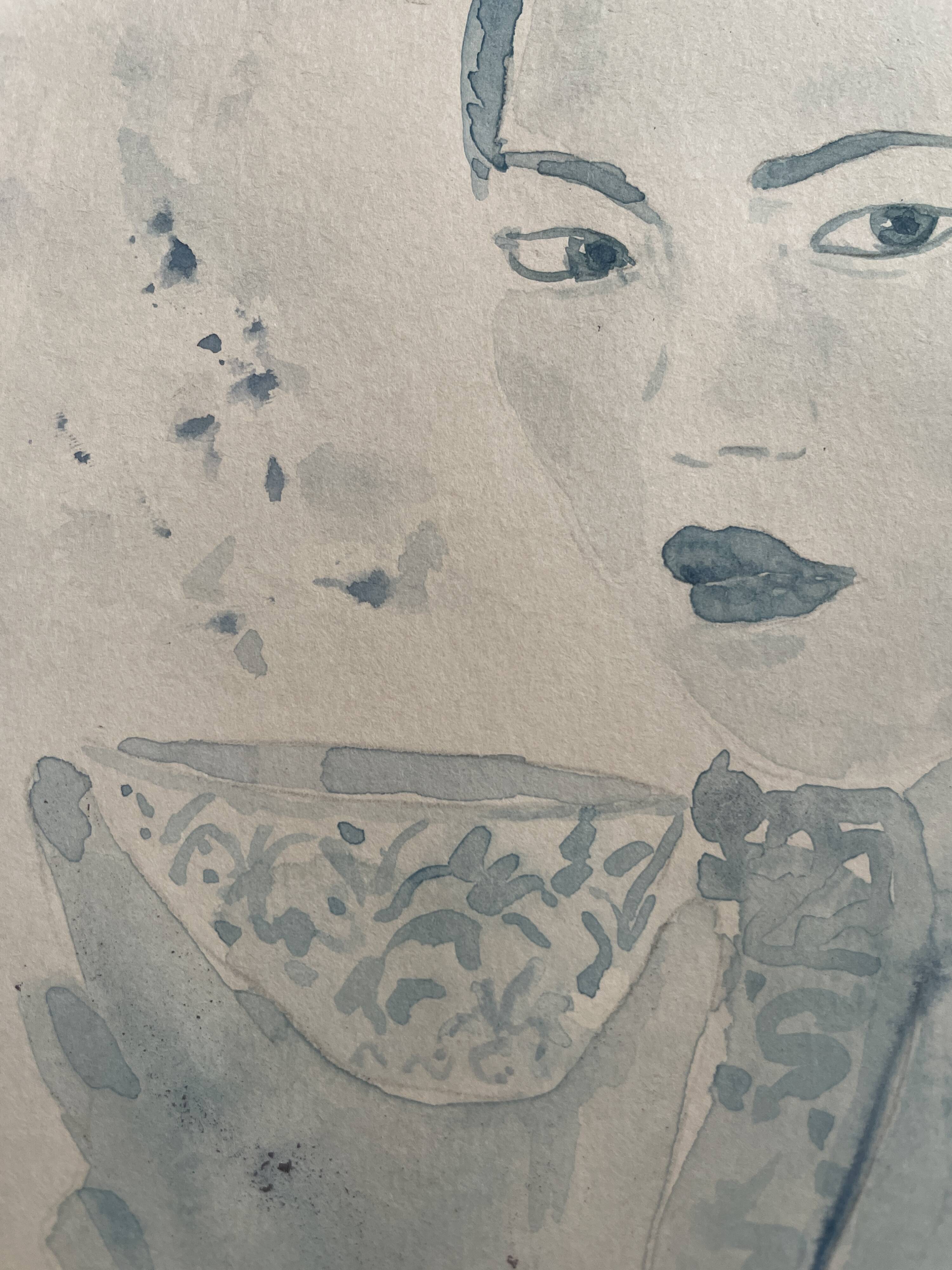 Signed blue watercolor painting “Geisha Tea Time” Japan