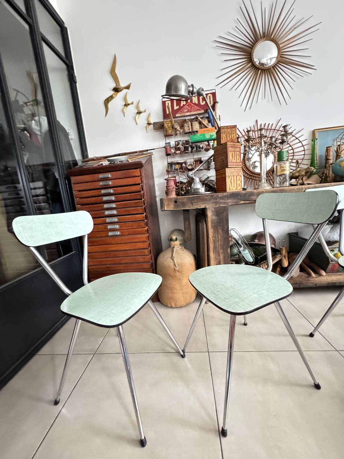 Set of 3 green Formica chairs