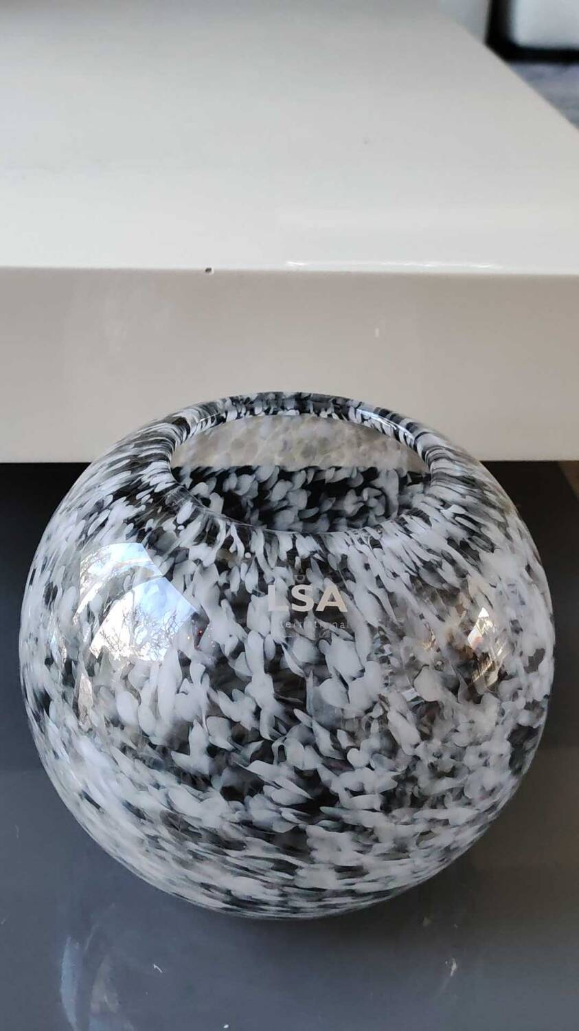 Spherical/ball vase in blown art glass. lsa international. smoked gray speckled white. size 14 x 15 cm