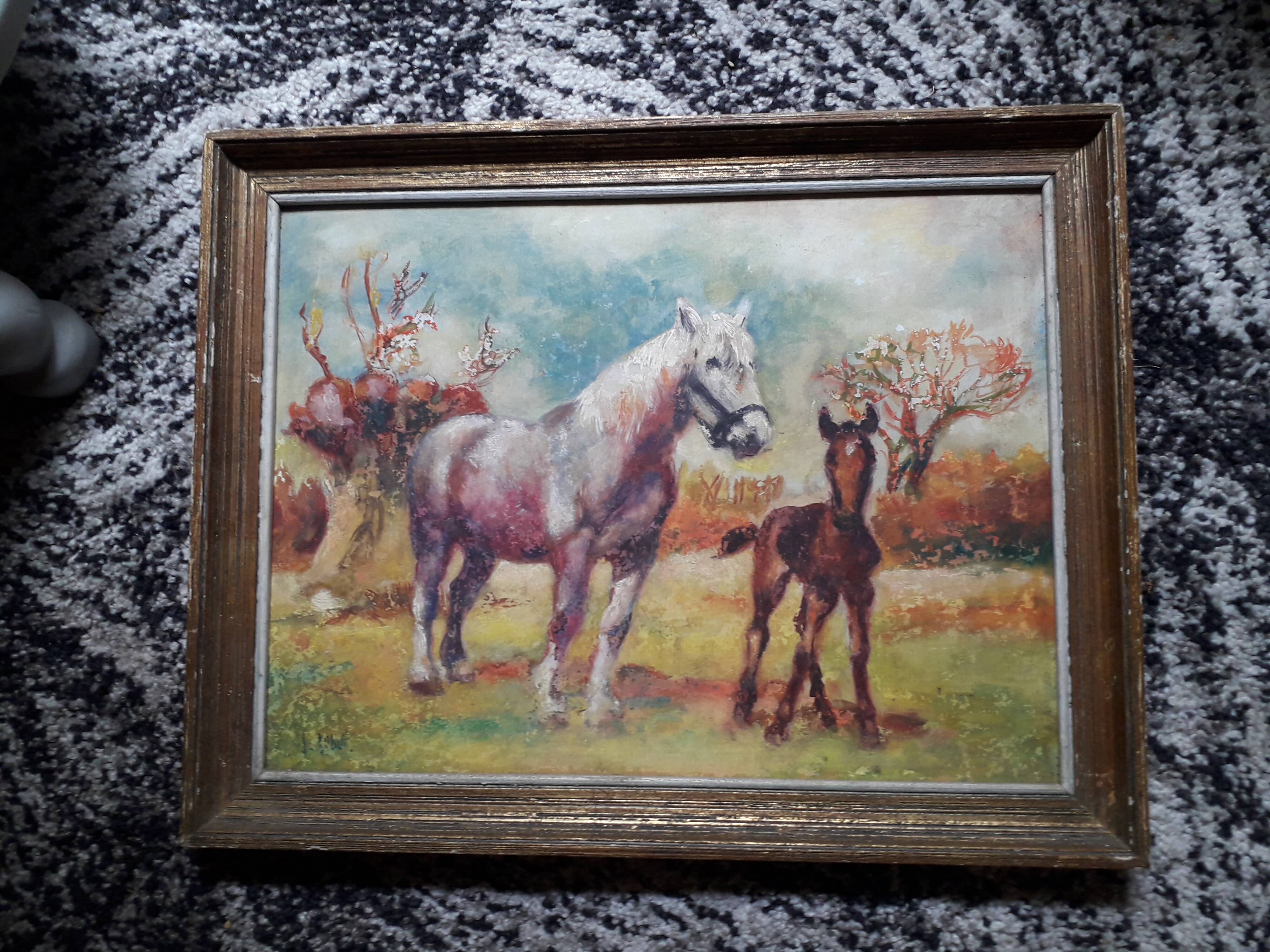 Antique oil painting depicting horses