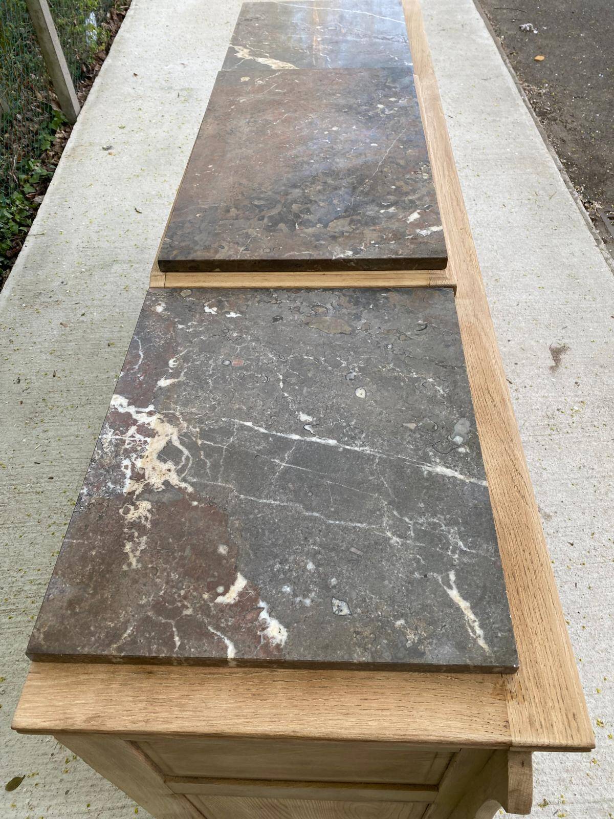 Renovated art deco sideboard in solid raw oak and gray marble 190cm