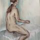 Tableau signé sanguine aquarelle portrait féminin « la pose »