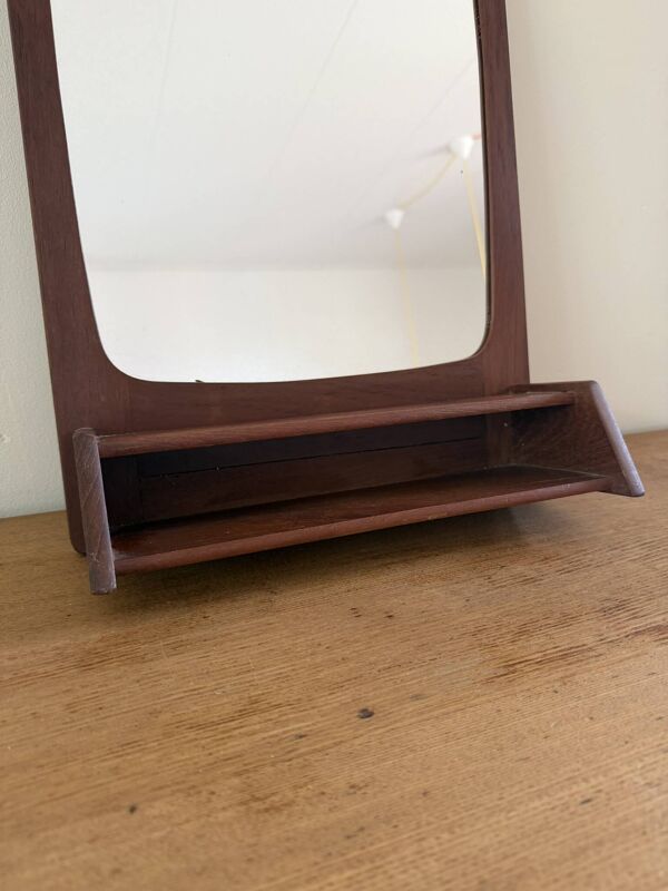 Miroir vintage en teck danois avec étagère - miroir des années 50