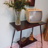Formica TV cabinet, 2 trays, on atypical curved casters - 1960s
