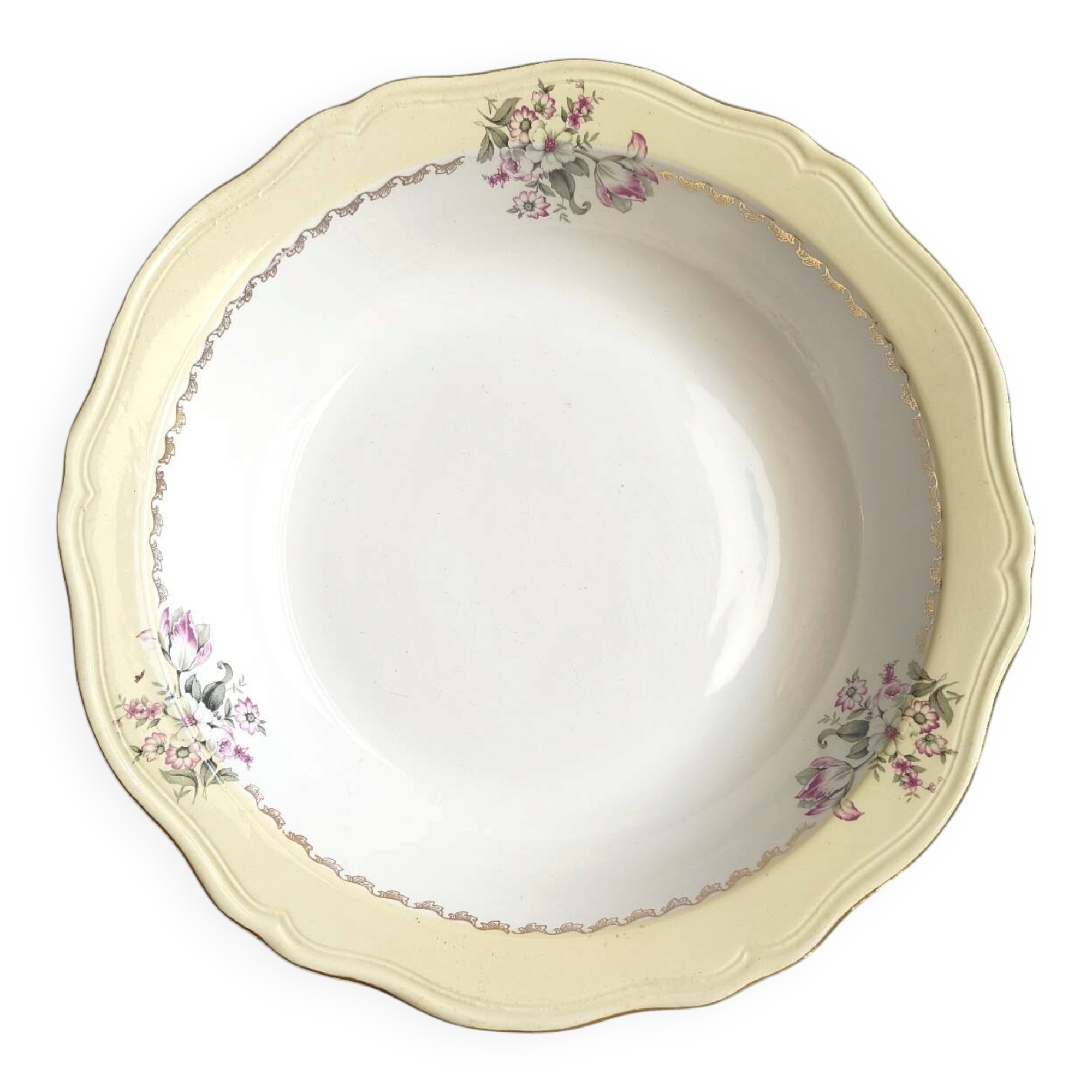 Vintage shallow dish L'Amandinoise model Paola white cream flowers