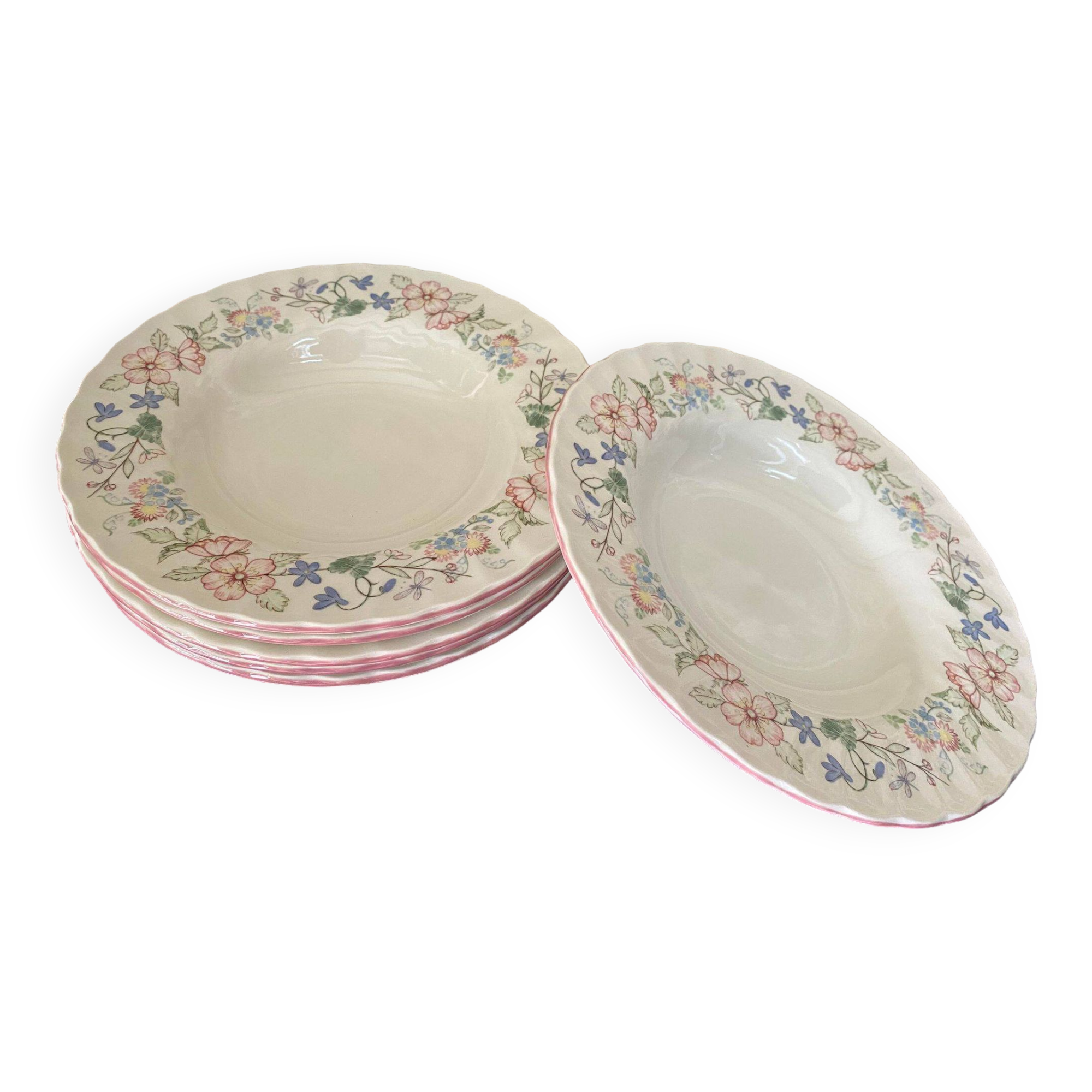 6 Myott Meaking English earthenware soup plates, Spring Fields decor