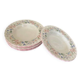 6 Myott Meaking English earthenware soup plates, Spring Fields decor