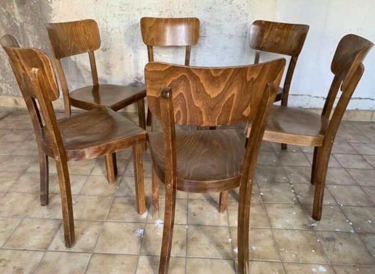 6 old lounge chairs bistro curved wood