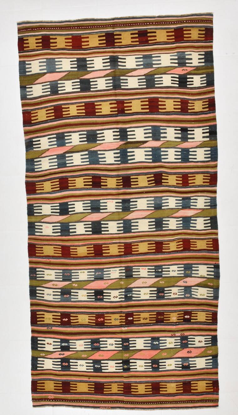 Tapis kilim turc Orientel 4x9, style géométrique, 132x280 cm