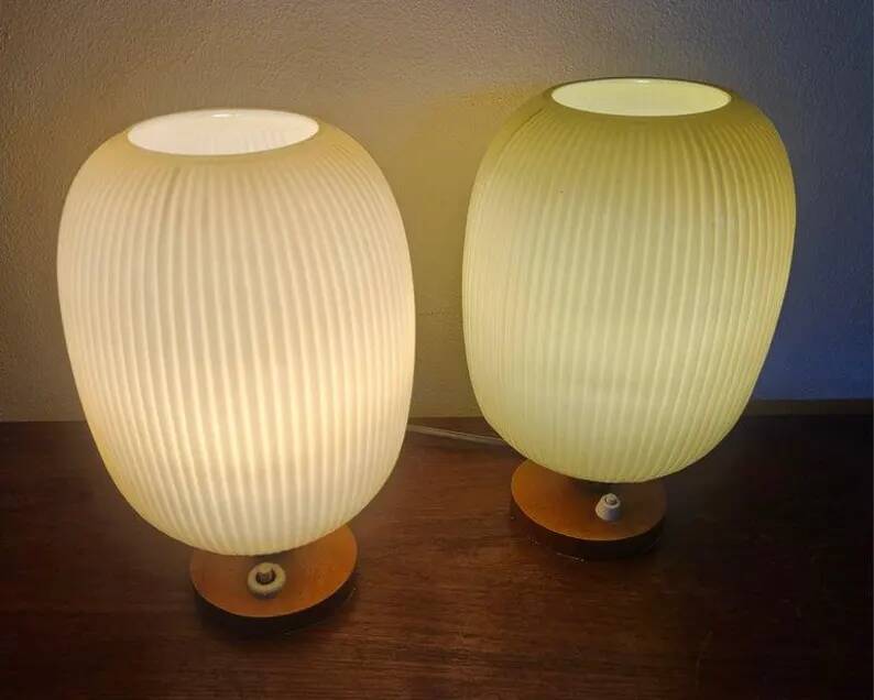 Rare Pair of Table Lamps, Glass and Wood, 1960s