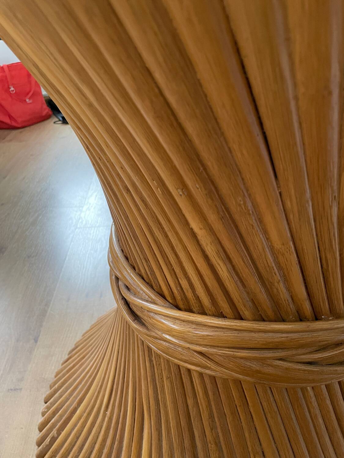 McGuire Bamboo Table – wheat sheaf base, round glass top