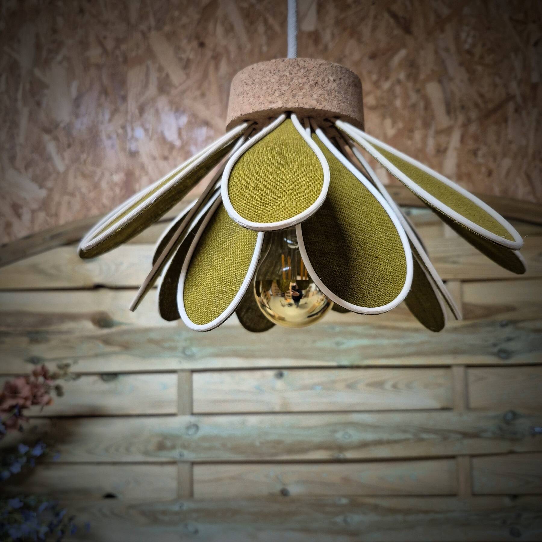 Iris flower pendant, 16 petals in olive green rattan and linen.