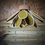 Iris flower pendant, 16 petals in olive green rattan and linen.