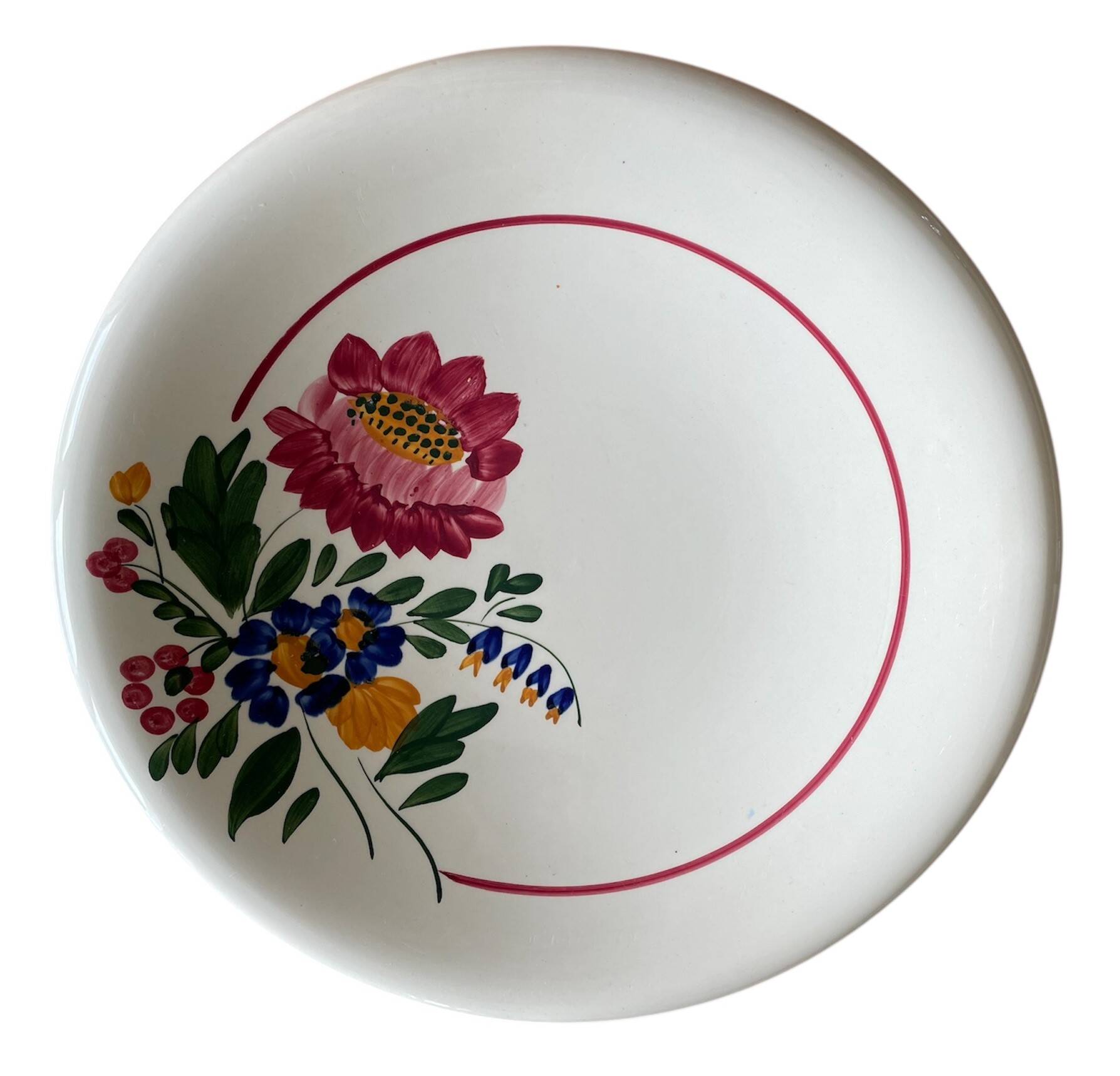 Large antique salad bowl on a pedestal, made of Sarreguemines earthenware.