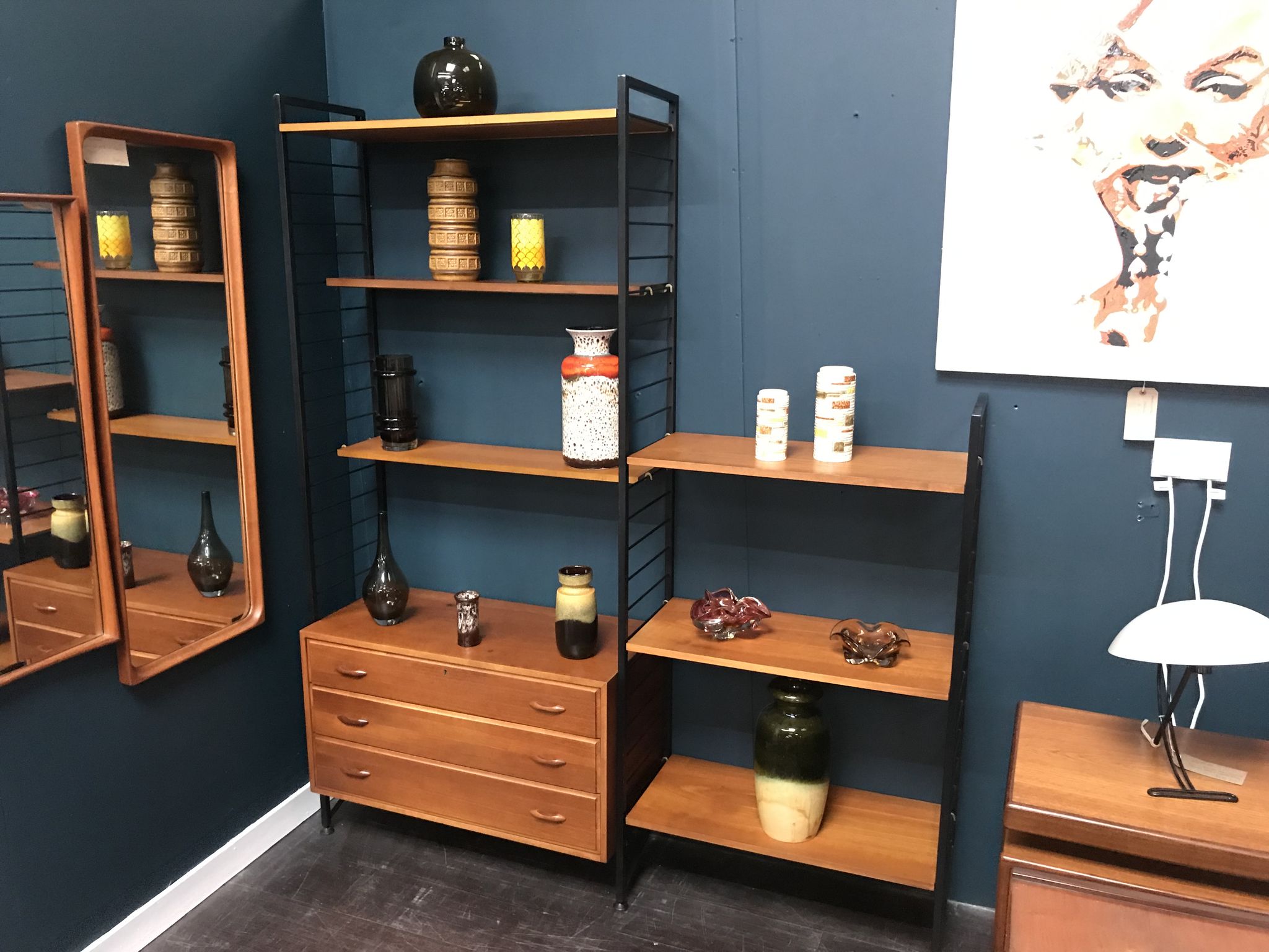 2 bay teak ladderax shelving system by with chest of drawers by staples