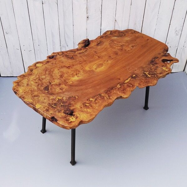 Coffee table brutaliste magnifier elm and hammered iron