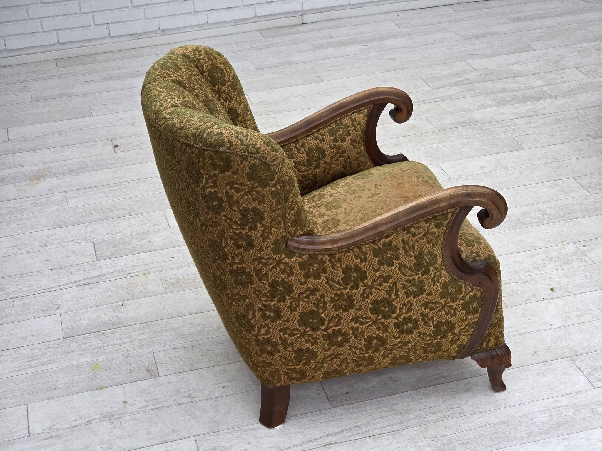 1950s, Danish armchair, furniture wool, hand carved oak wood.