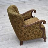 1950s, Danish armchair, furniture wool, hand carved oak wood.