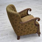 1950s, Danish armchair, furniture wool, hand carved oak wood.