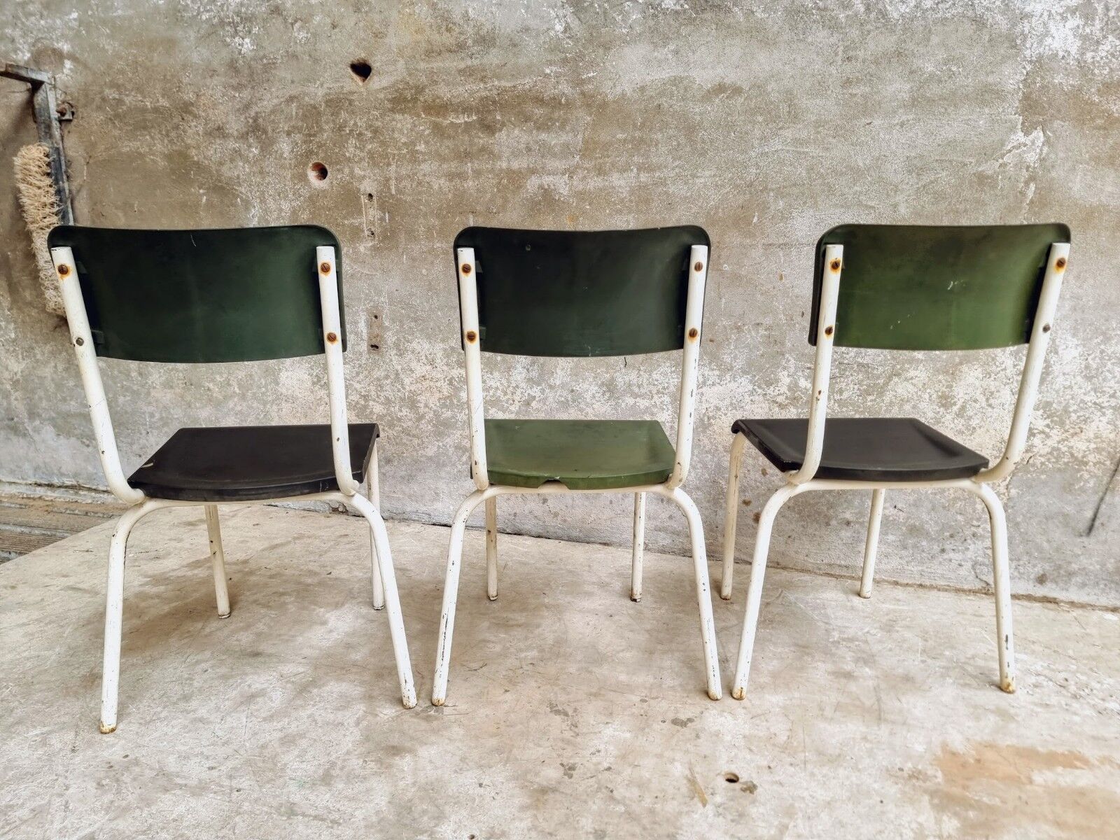 Set of vintage chairs stacking chairs green bakelite