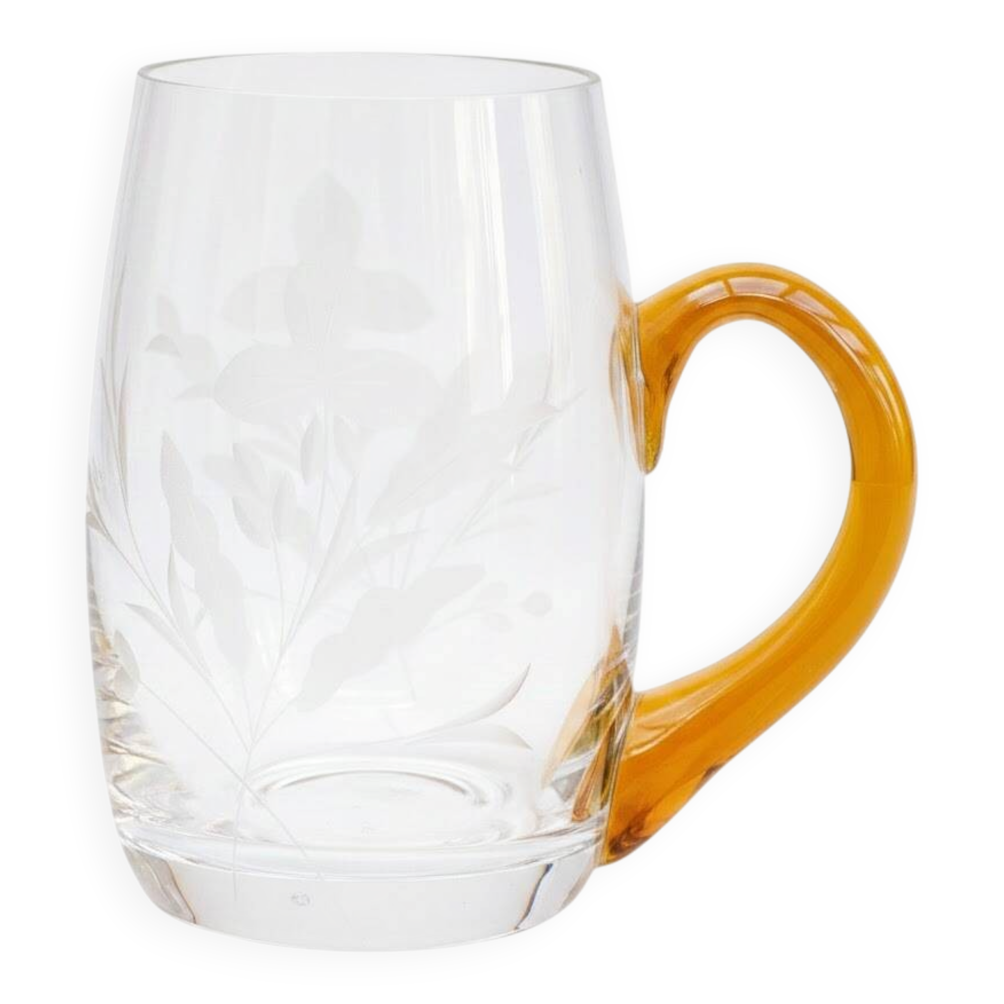Chope demi-pinte gravée de motifs floraux avec anse en verre ambré