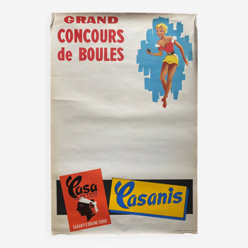 Affiche originale publicitaire "Casanis Concours de Boules" Pétanque, Pin-Up 40x60cm 50's