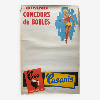 Original advertising poster "Casanis Concours de Boules" Pétanque, Pin-Up 40x60cm 50's