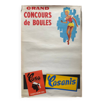 Original advertising poster "Casanis Concours de Boules" Pétanque, Pin-Up 40x60cm 50's